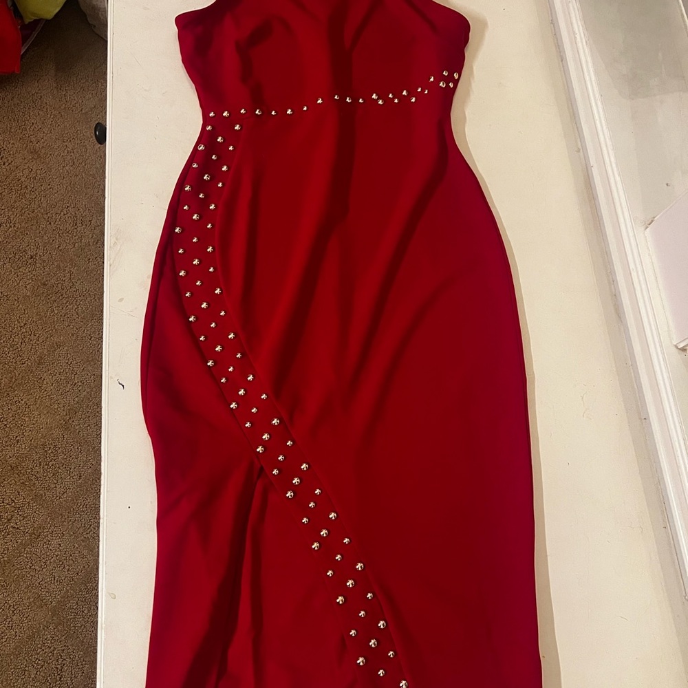 Elegant Red Strapless Dress with Studded Detail